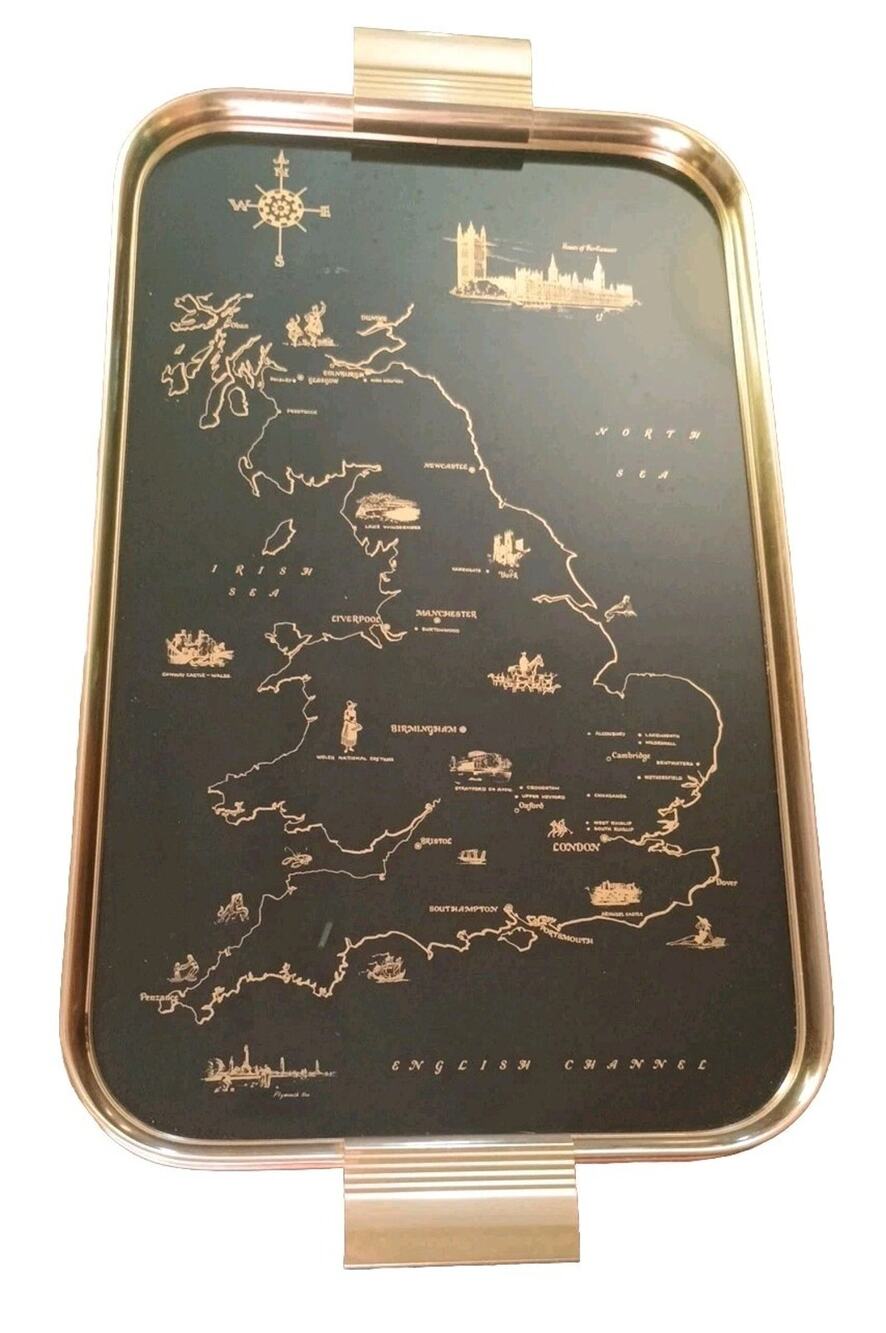 Vtg English Channel Souvenir Map Serving Tray MCM Art Deco Gold Black 17.5"x9"